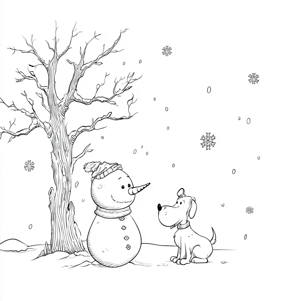 Dibujo de el perro y el muñeco en navidad para colorear