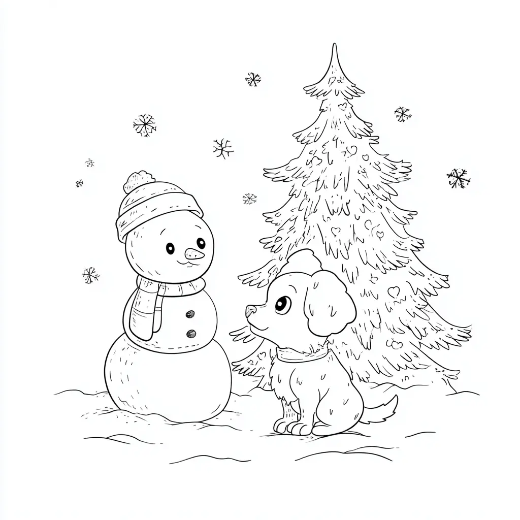 Dibujo de el perrito y su amigo de nieve para colorear