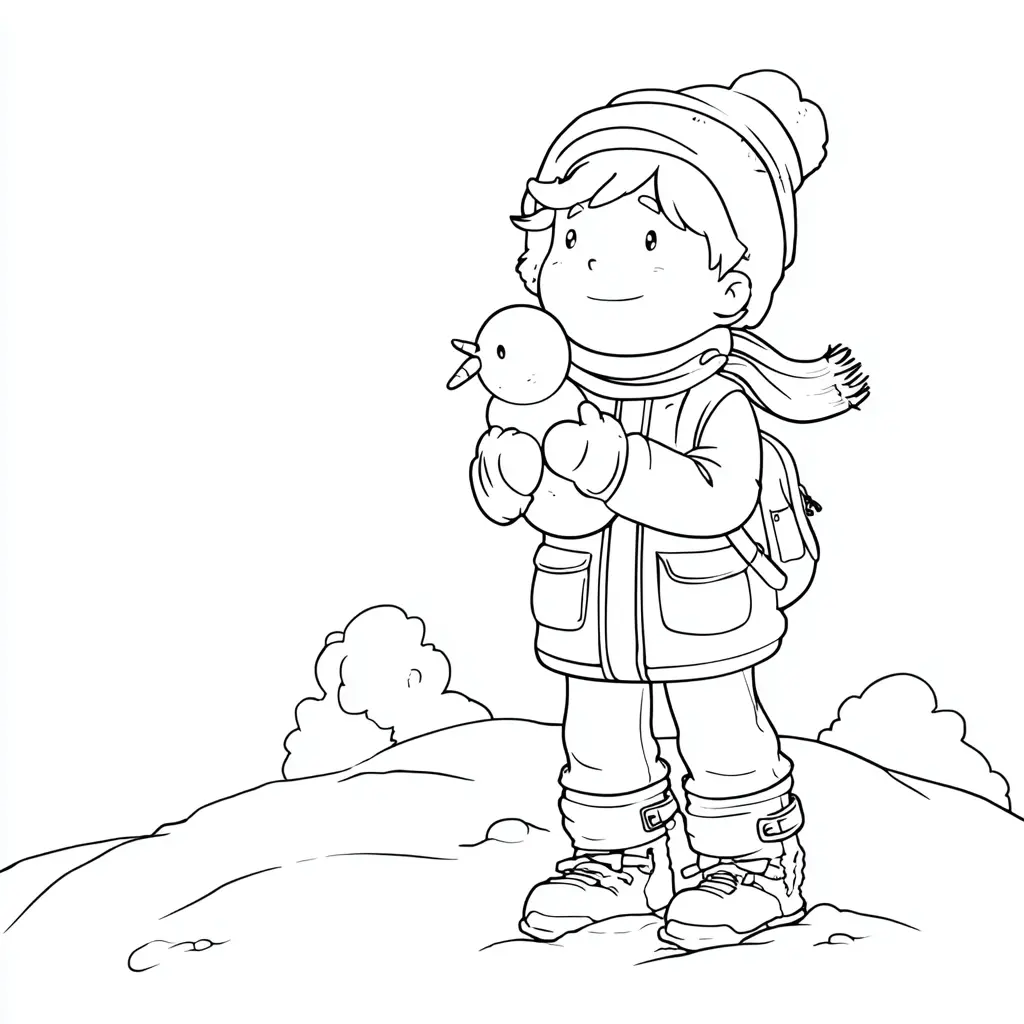 Dibujo de el niño y su patito de nieve para colorear