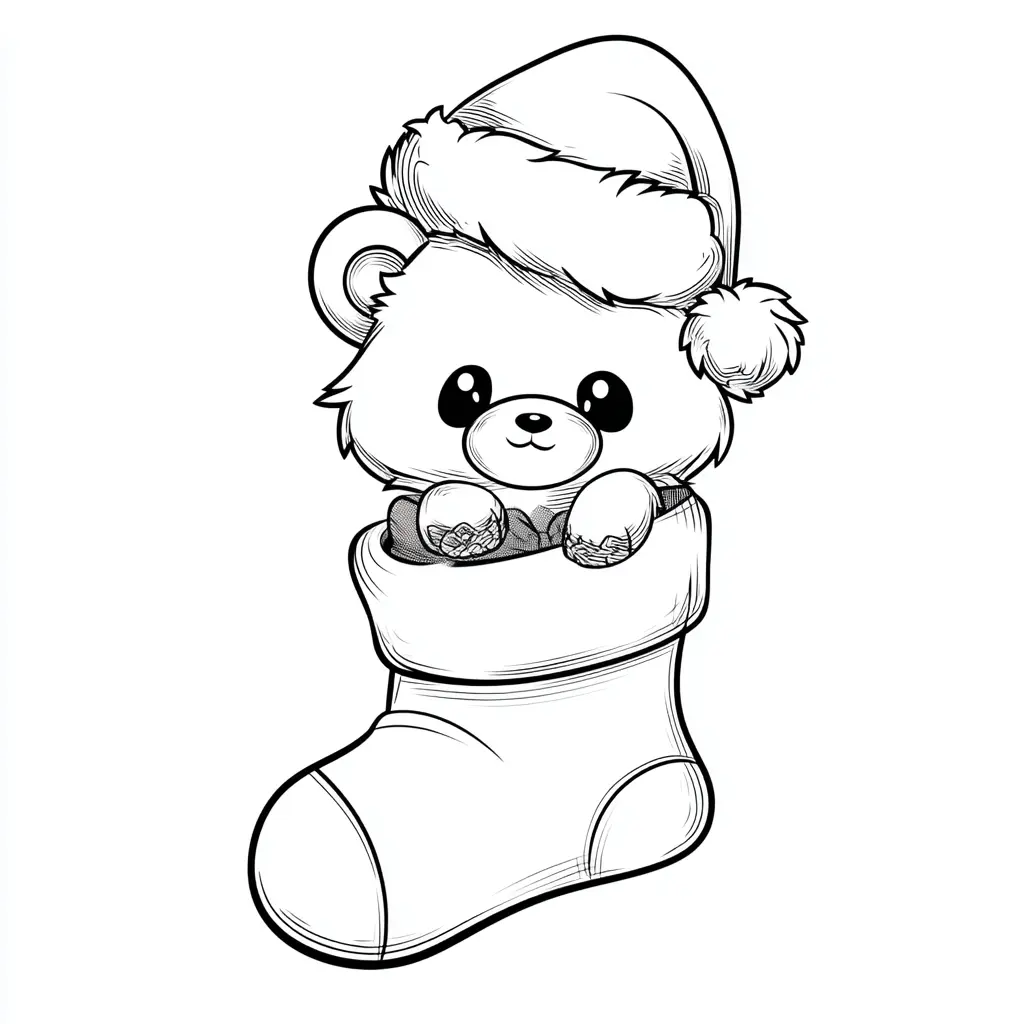 Dibujo de osito navideño dentro del calcetín para colorear Dibujo de osito navideño dentro del calcetín para colorear
