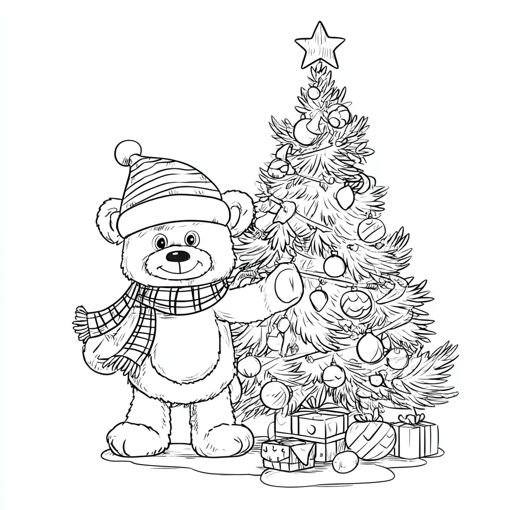 Dibujo de oso navideño con regalos para colorear Dibujo de oso navideño con regalos para colorear