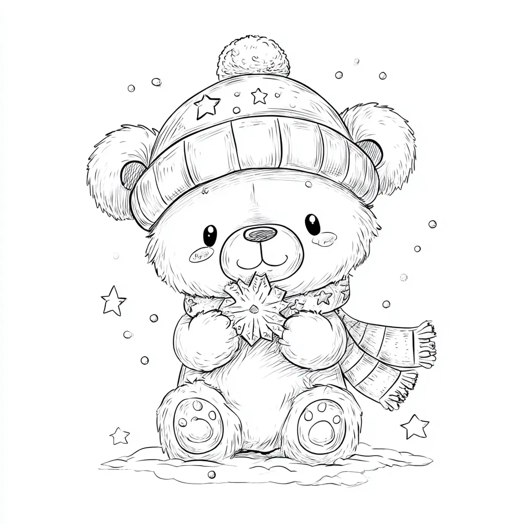 Dibujo de osito sostiene un copo de nieve para colorear Dibujo de osito sostiene un copo de nieve para colorear
