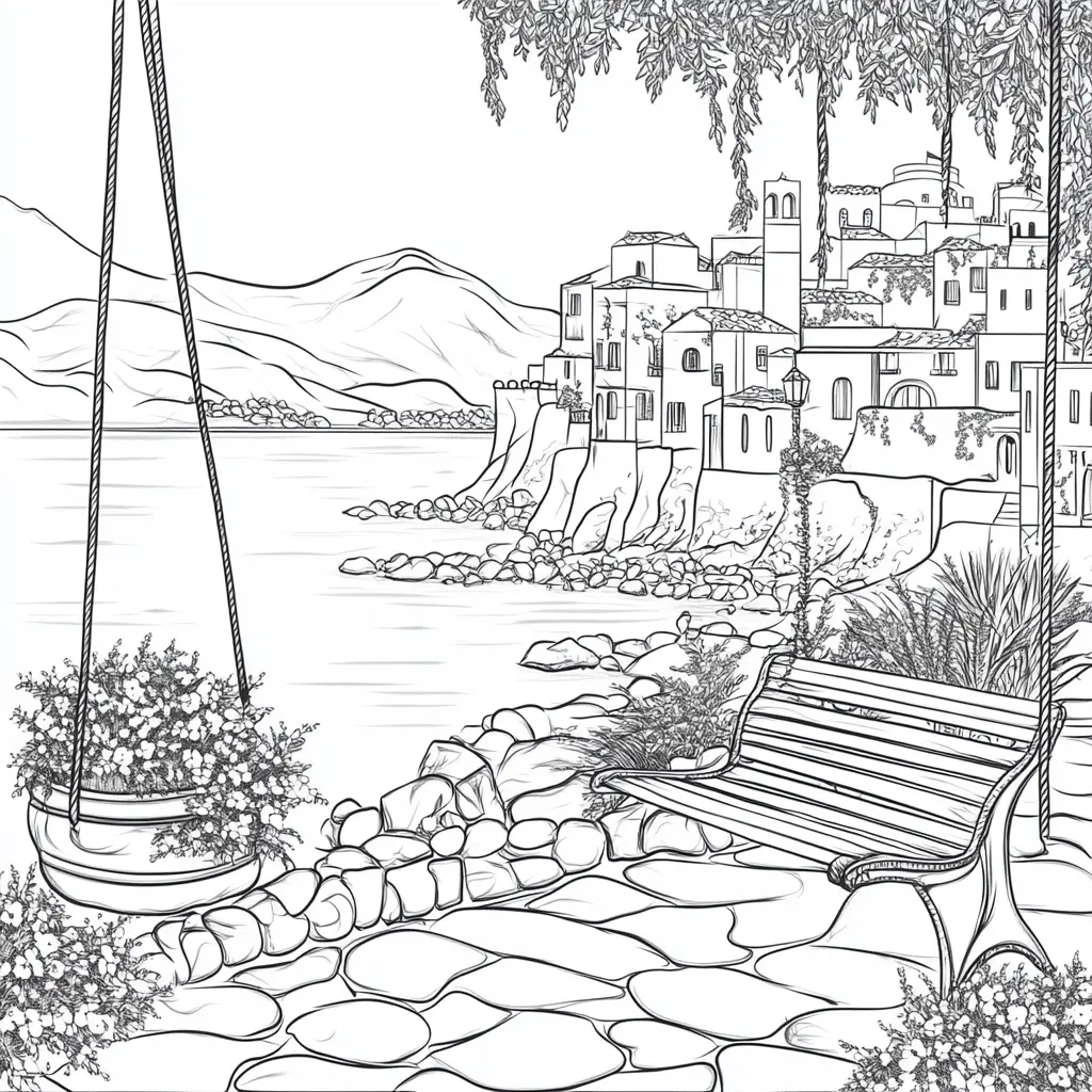 Dibujo de pueblo junto al mar para colorear Dibujo de pueblo junto al mar para colorear