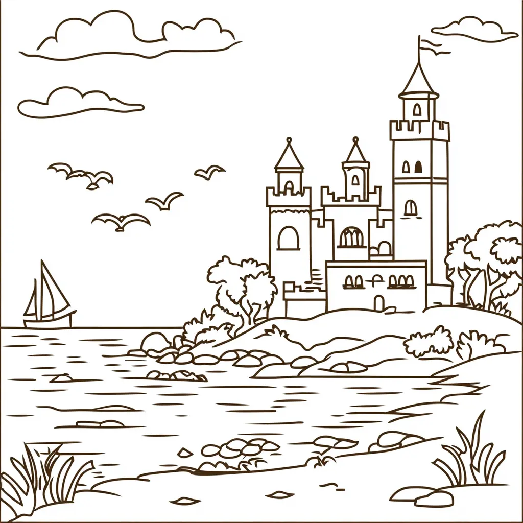 Dibujo de castillo junto al mar para colorear Dibujo de castillo junto al mar para colorear