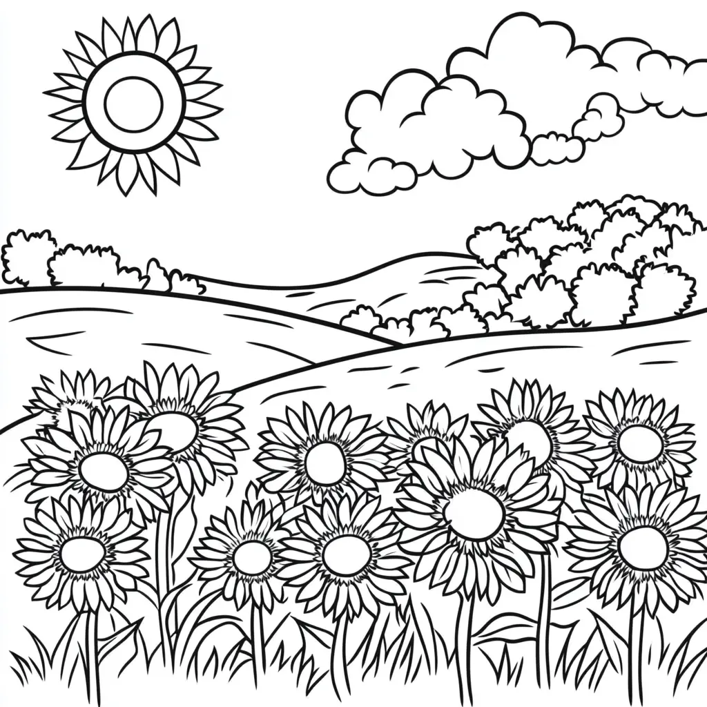 Dibujo de campo de girasoles para colorear Dibujo de campo de girasoles para colorear
