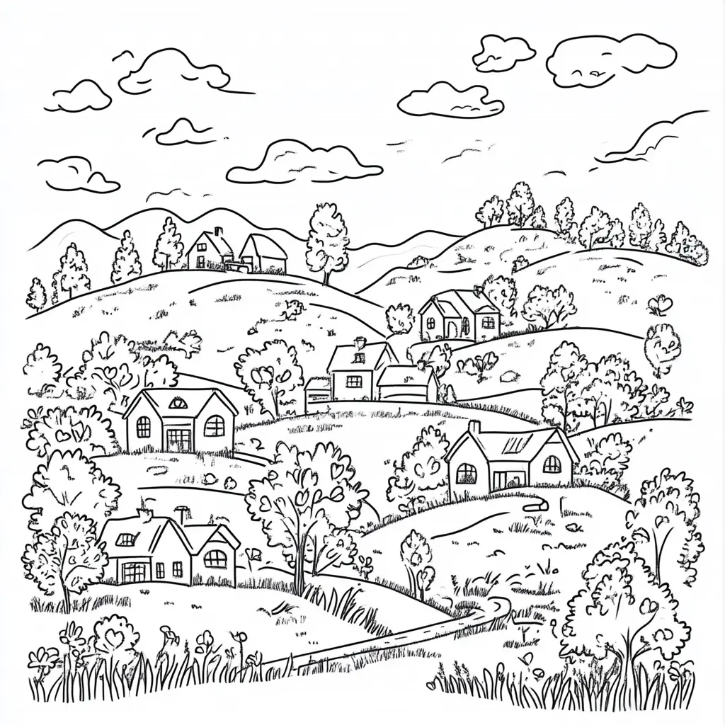 Dibujo de casitas en el valle para colorear Dibujo de casitas en el valle para colorear