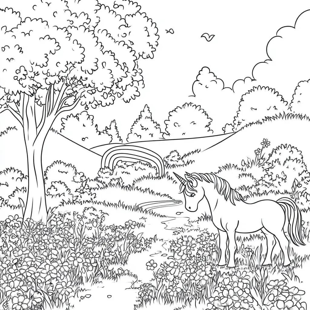 Dibujo de unicornio en el campo para colorear Dibujo de unicornio en el campo para colorear
