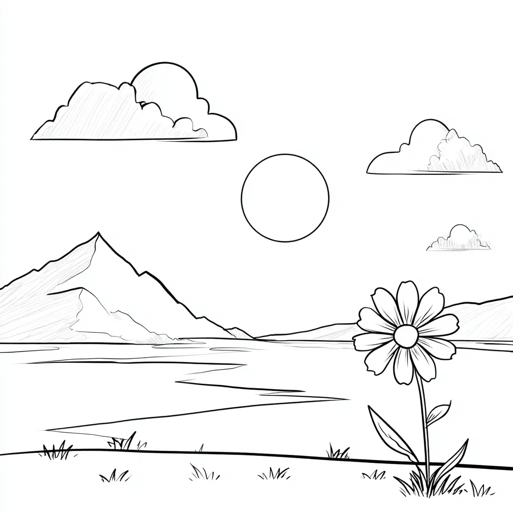 Dibujo de flor en el paisaje para colorear Dibujo de flor en el paisaje para colorear
