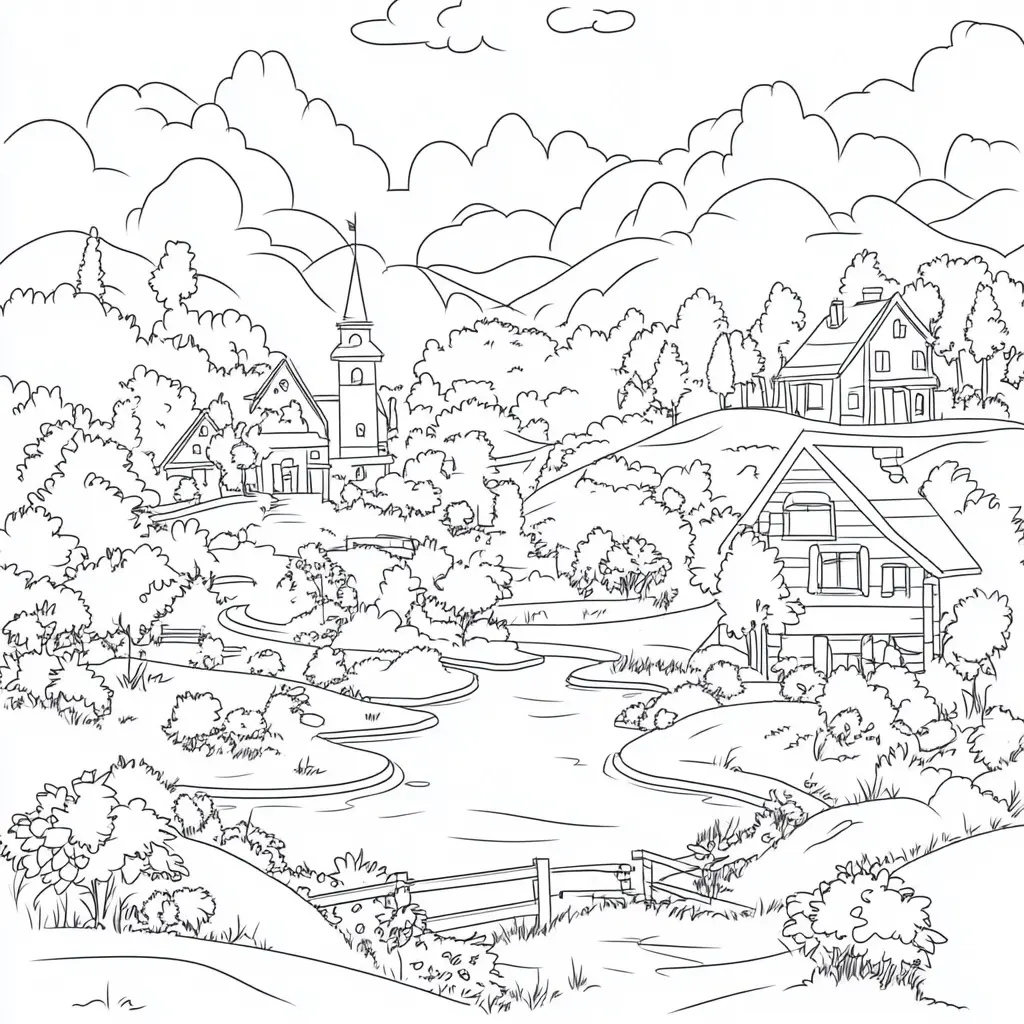 Dibujo de un pueblo en la colina para colorear Dibujo de un pueblo en la colina para colorear