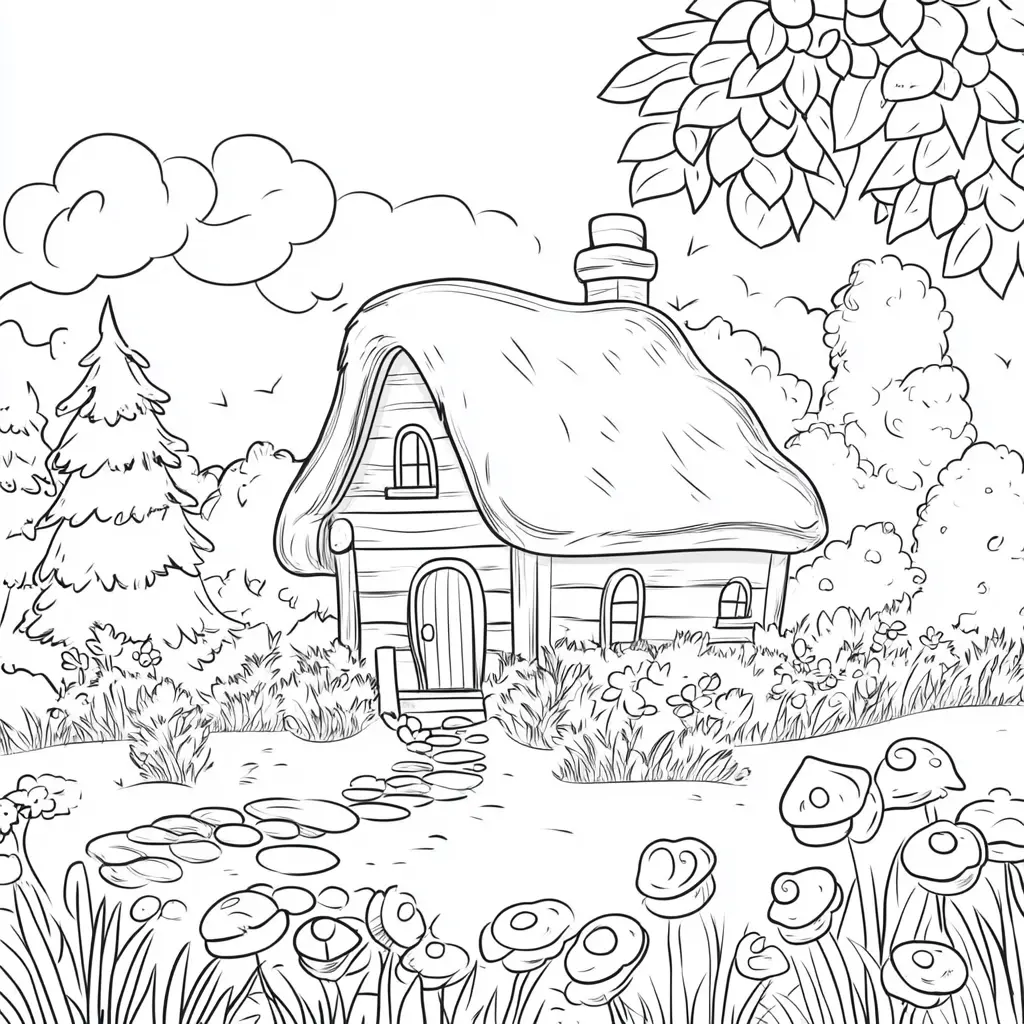 Dibujo de una cabaña en el bosque para colorear Dibujo de una cabaña en el bosque para colorear