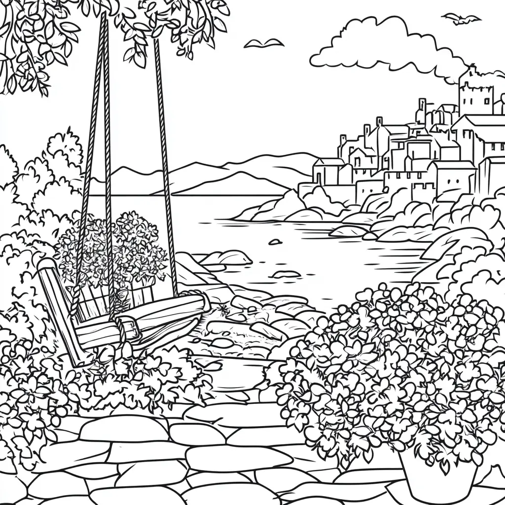Dibujo de columpio entre flores para colorear Dibujo de columpio entre flores para colorear