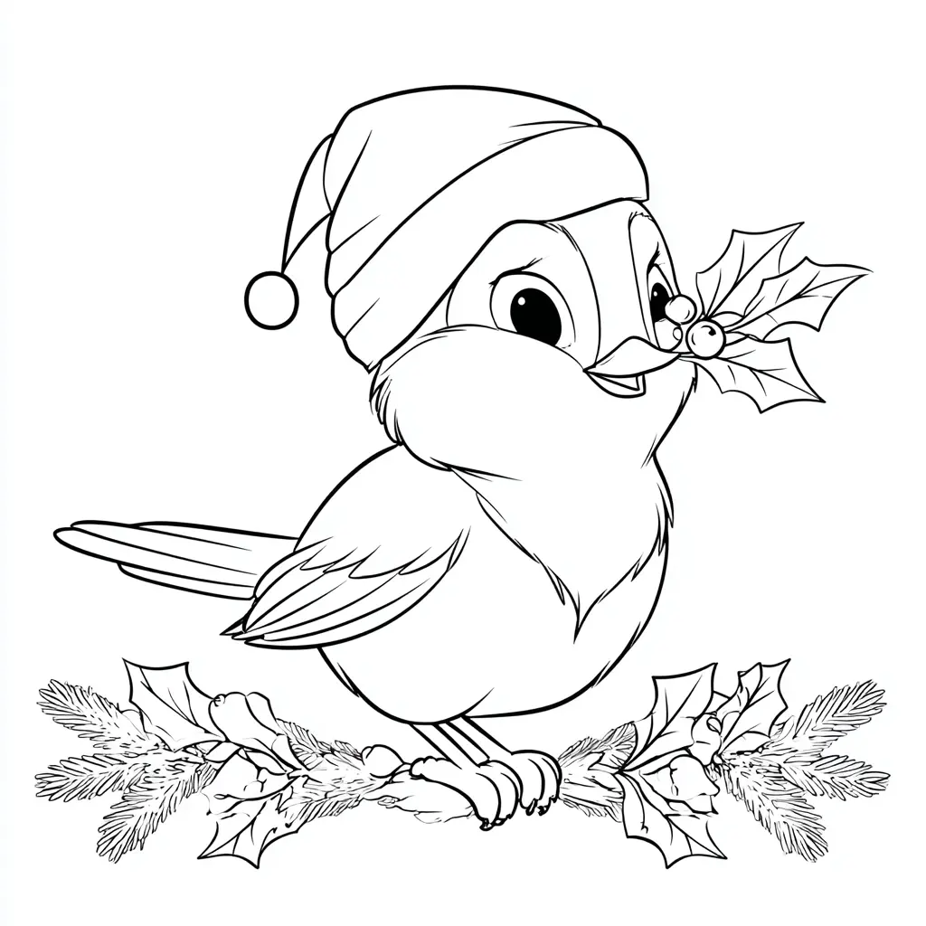 Dibujo de pajarito sobre ramita de acebo para colorear Dibujo de pajarito sobre ramita de acebo para colorear