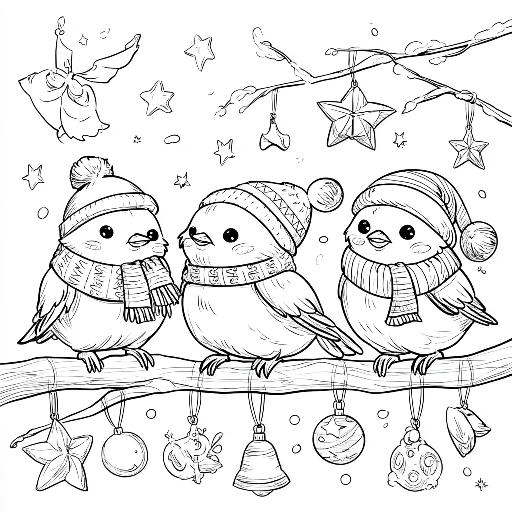 Dibujo de tres pajaritos navideños para colorear Dibujo de tres pajaritos navideños para colorear