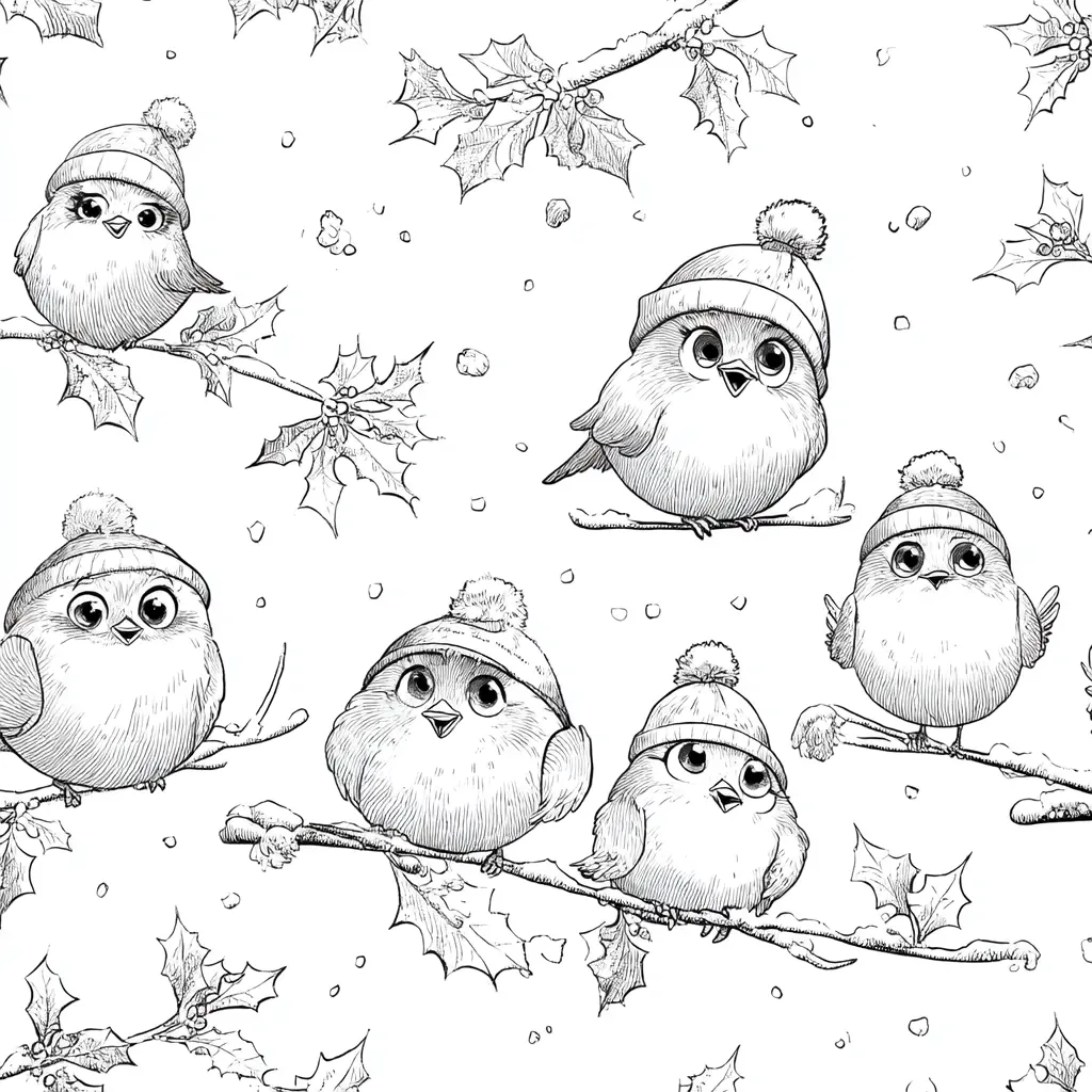 Dibujo de pájaros sobre ramas de acebo para colorear Dibujo de pájaros sobre ramas de acebo para colorear