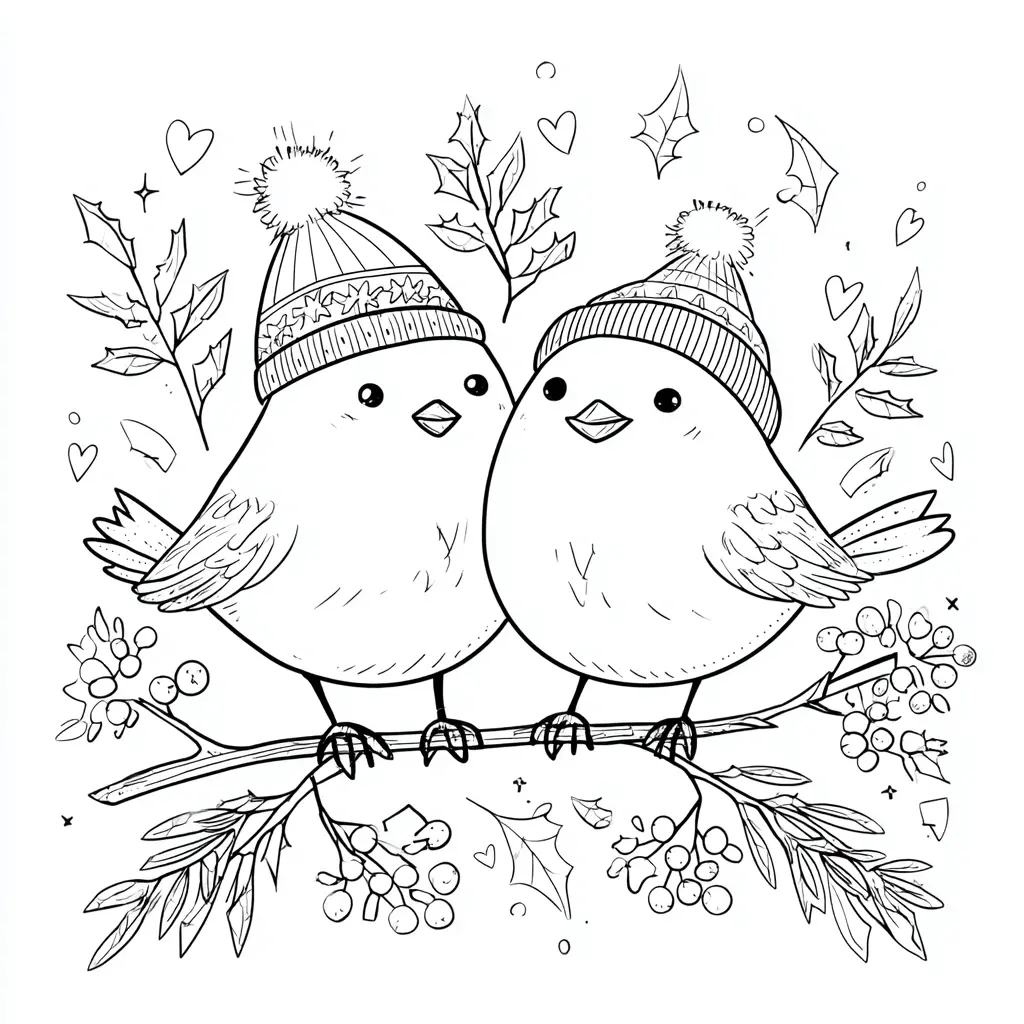 Dibujo de pareja de pájaros navideños para colorear Dibujo de pareja de pájaros navideños para colorear