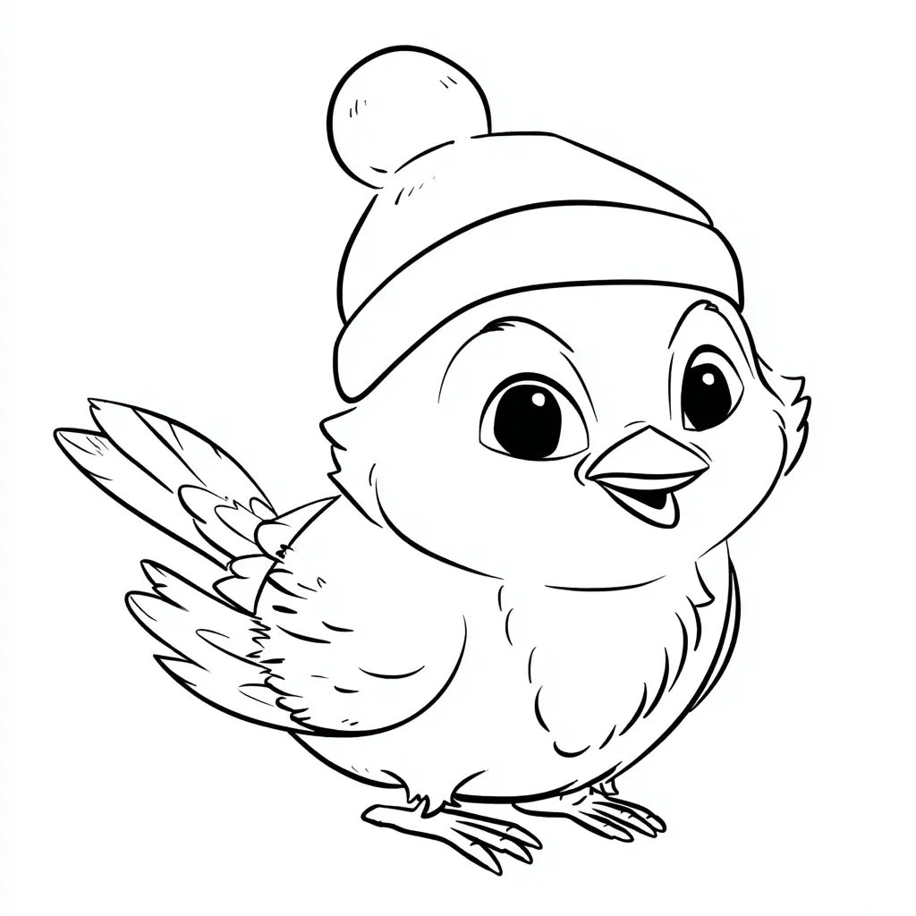 Dibujo de pajarito y gorro con pompón para colorear Dibujo de pajarito y gorro con pompón para colorear