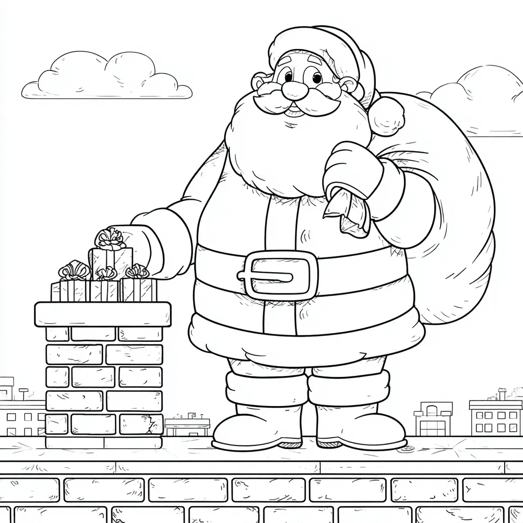 Dibujo de Papá Noel dejando regalos para colorear