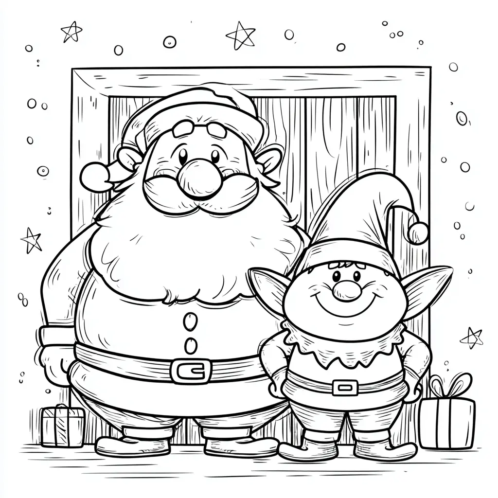 Dibujo de Papá Noel y el gnomo gracioso para colorear