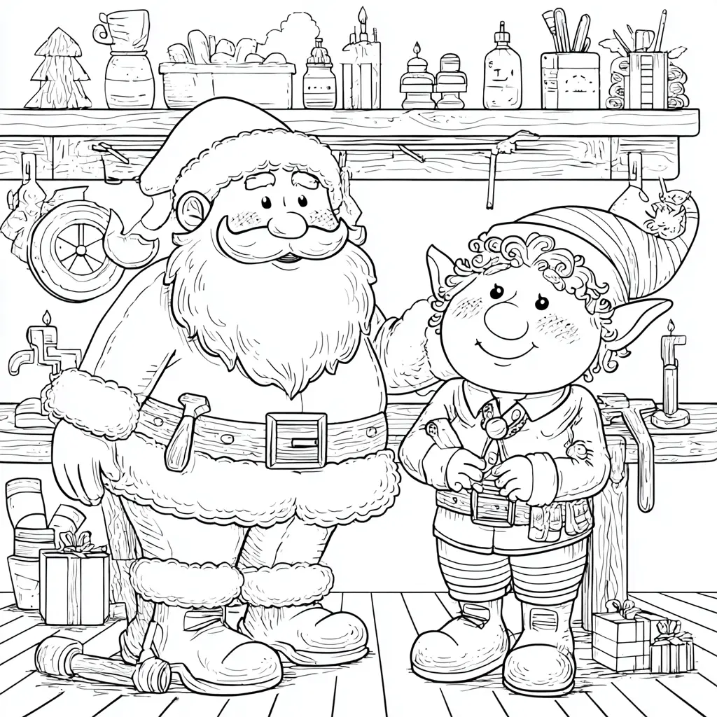 Dibujo de Papá Noel en su taller para colorear