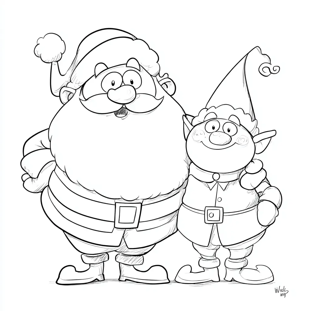 Dibujo de caricatura de Papá Noel y el duende para colorear