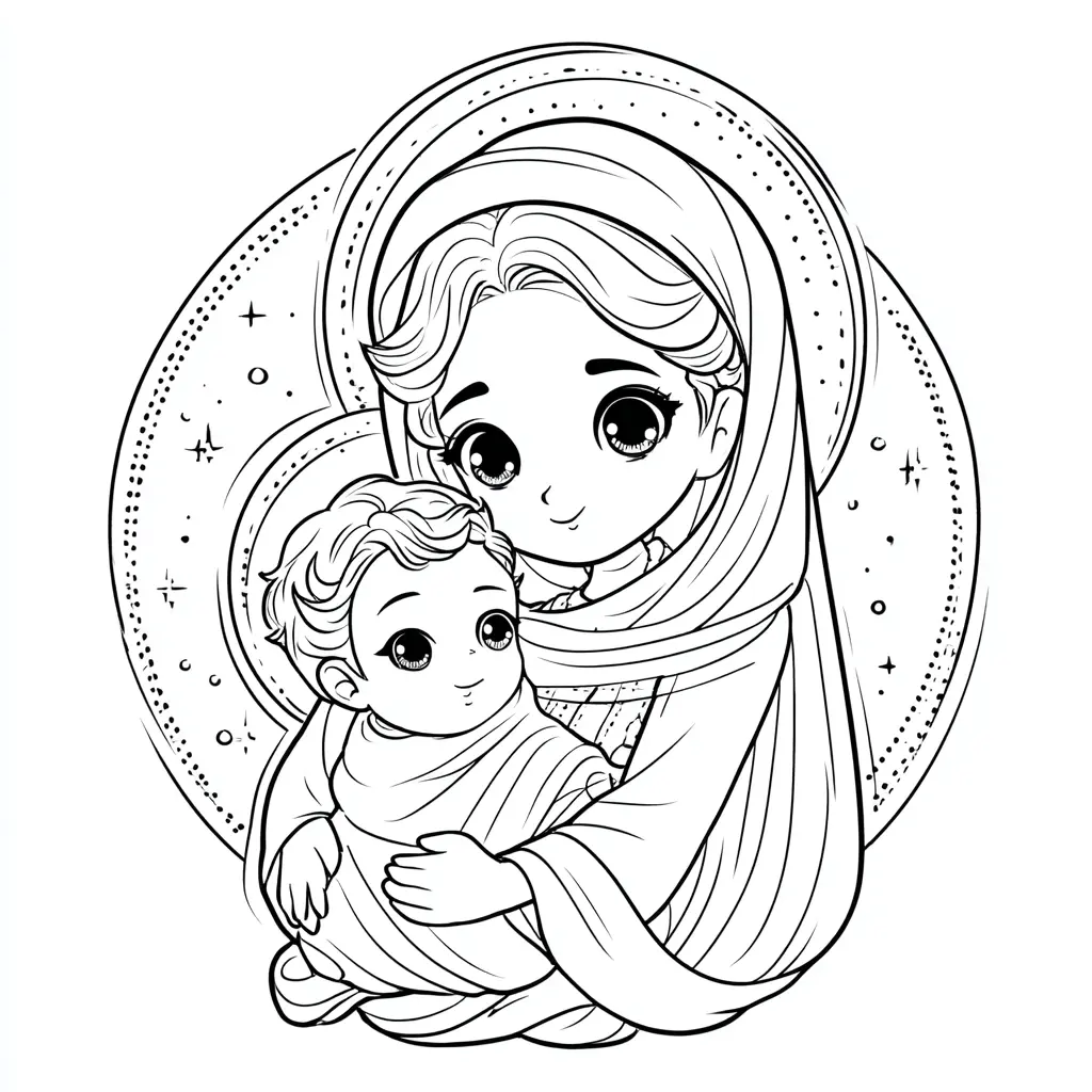 Dibujo de María cuida a Jesús para colorear Dibujo de María cuida a Jesús para colorear