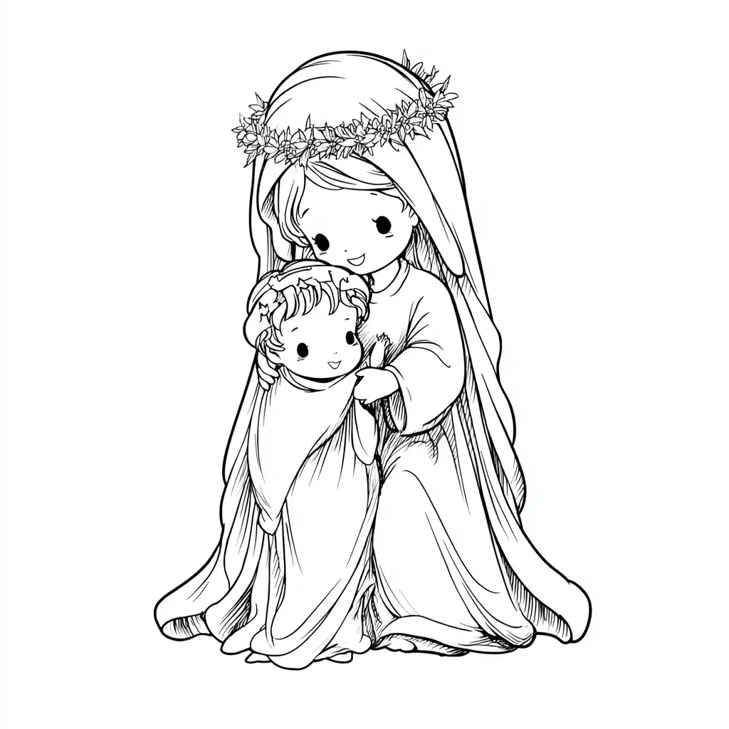 Dibujo de María abraza a Jesús para colorear Dibujo de María abraza a Jesús para colorear