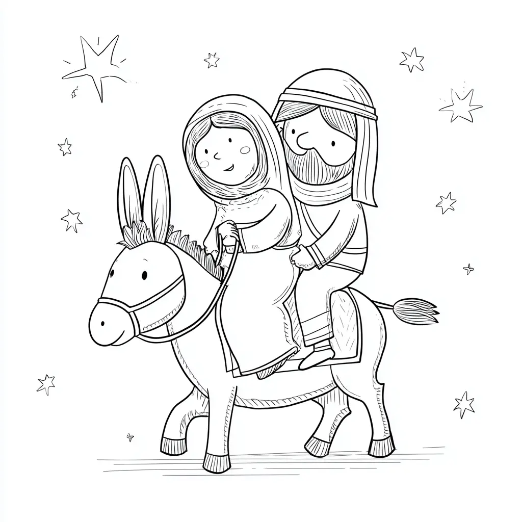 Dibujo de María y José subidos en un burro para colorear Dibujo de María y José subidos en un burro para colorear