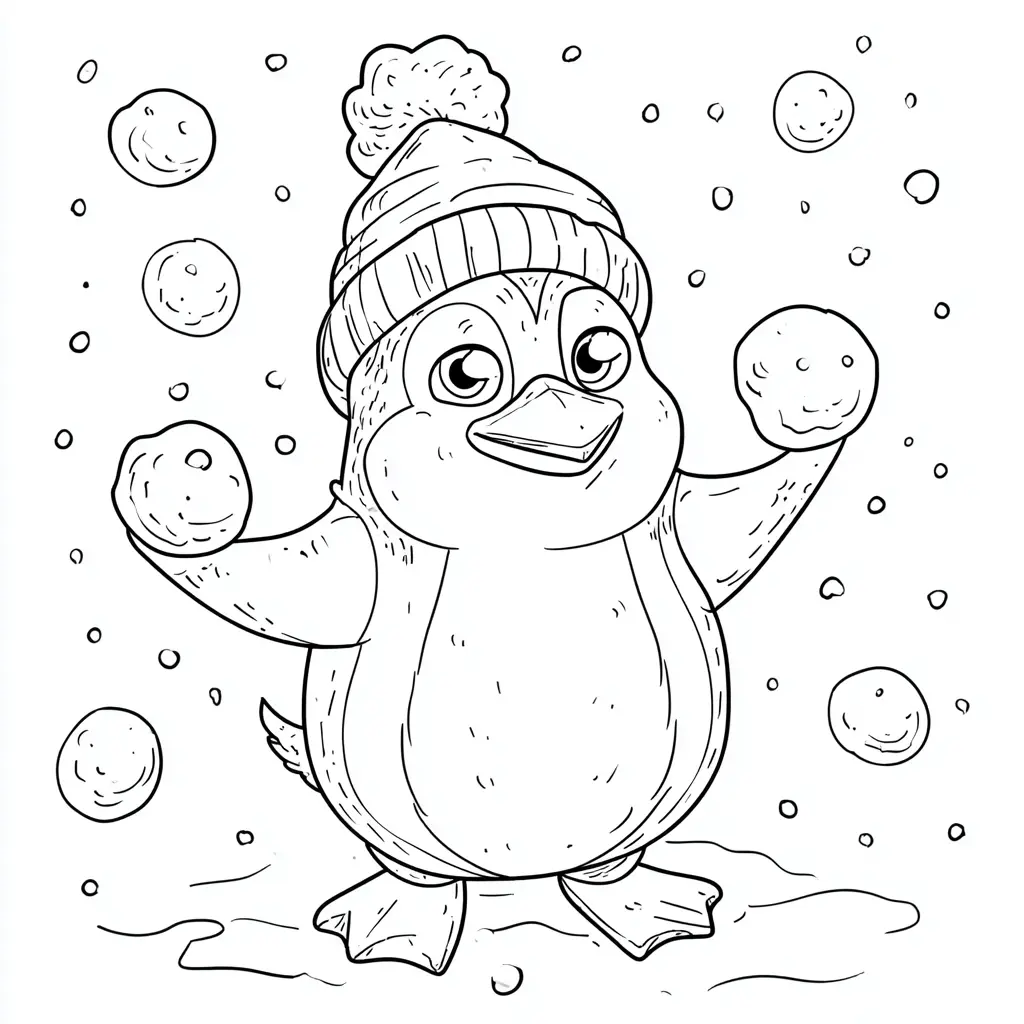 Dibujo de pingüino jugando con la nieve para colorear Dibujo de pingüino jugando con la nieve para colorear