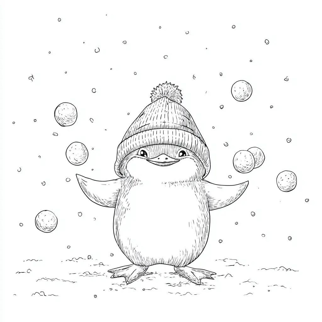 Dibujo de pingüino divirtiéndose con la nieve para colorear Dibujo de pingüino divirtiéndose con la nieve para colorear