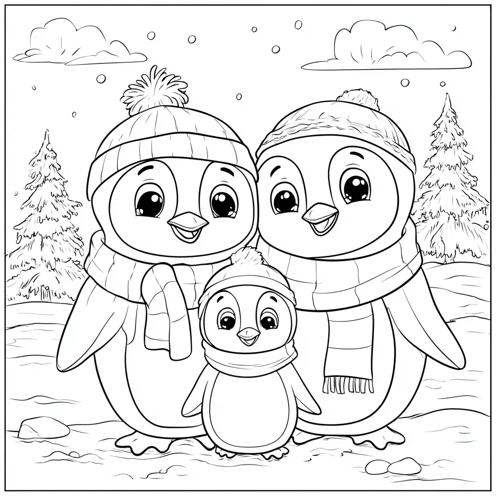 Dibujo de la familia pingüina navideña para colorear Dibujo de la familia pingüina navideña para colorear
