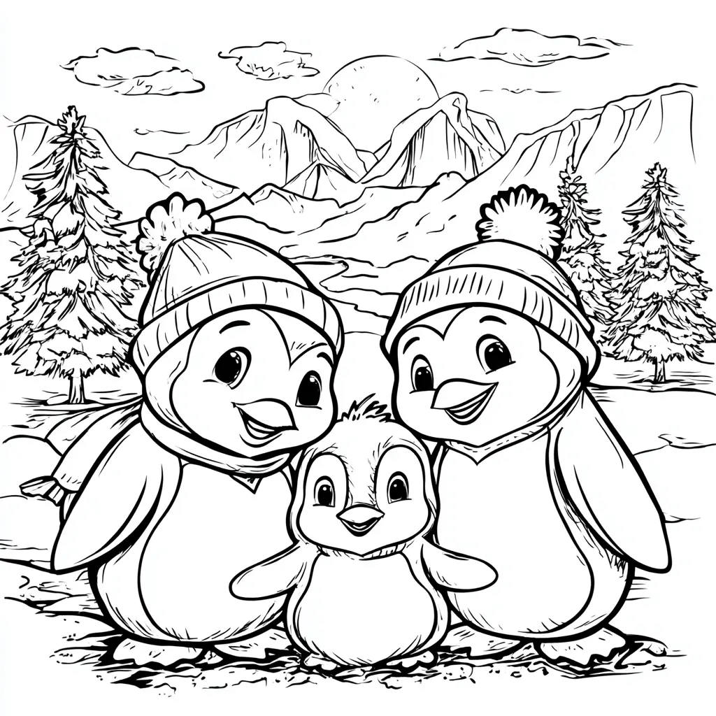 Dibujo de familia pingüina en Navidad para colorear Dibujo de familia pingüina en Navidad para colorear