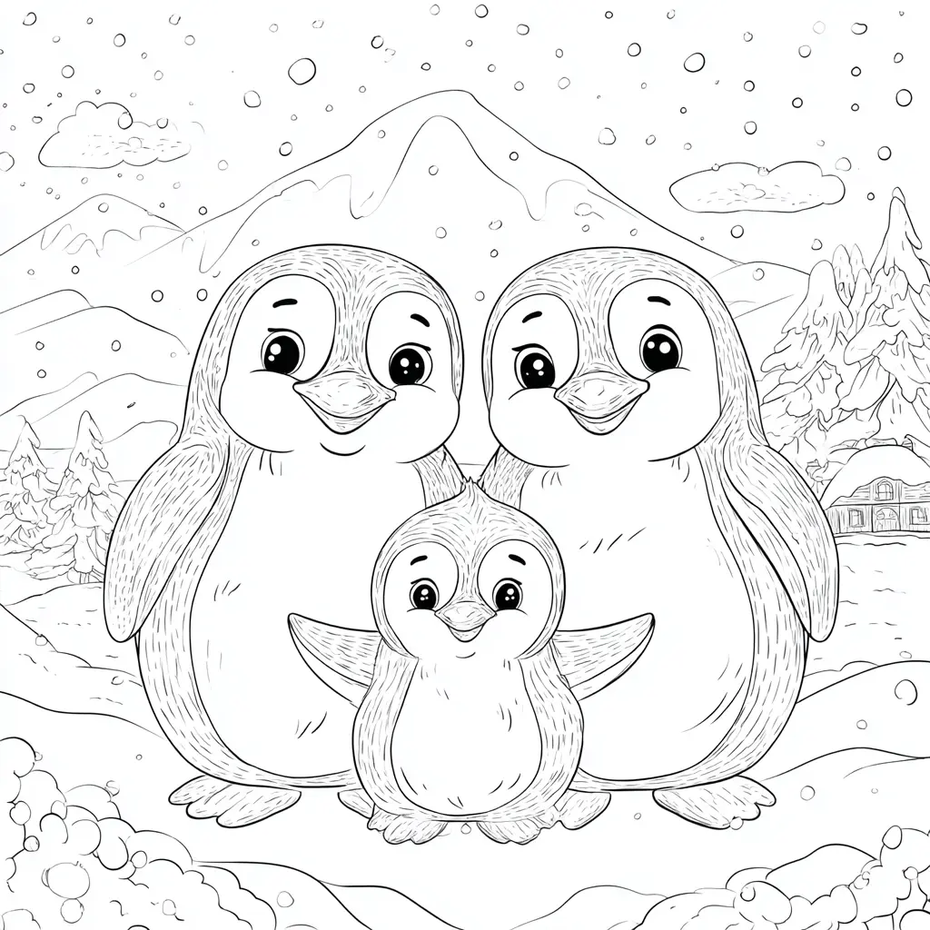 Dibujo de familia pingüina bajo la nieve para colorear Dibujo de familia pingüina bajo la nieve para colorear