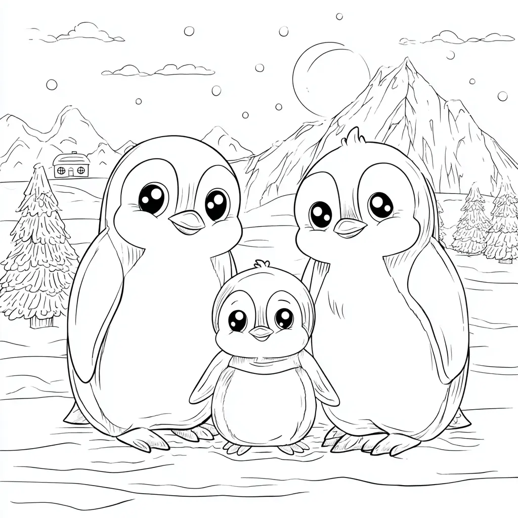 Dibujo de bebé pingüino y sus papás para colorear Dibujo de bebé pingüino y sus papás para colorear