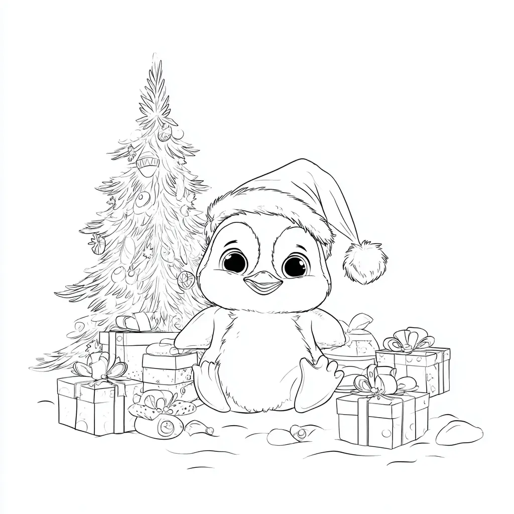 Dibujo de pingüino junto al árbol de Navidad para colorear Dibujo de pingüino junto al árbol de Navidad para colorear