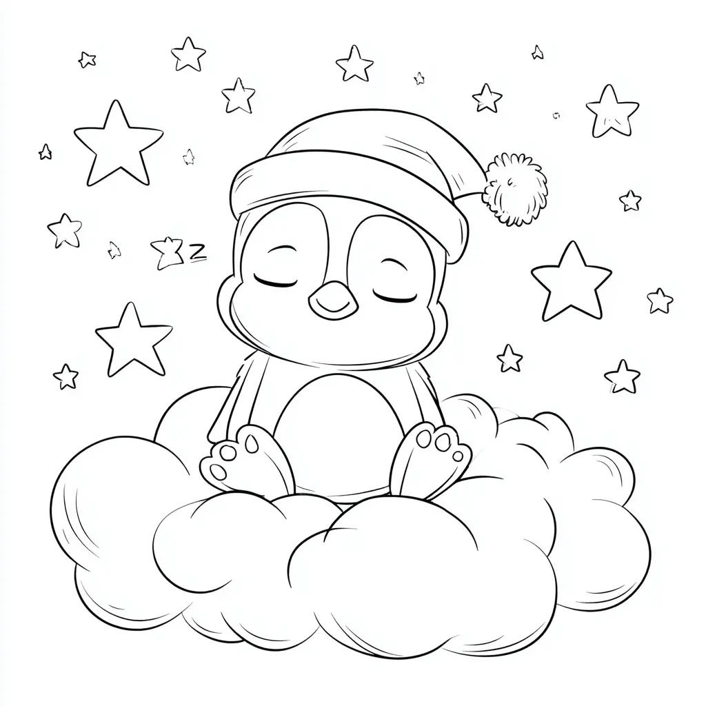 Dibujo de pingüinito navideño en la nube para colorear Dibujo de pingüinito navideño en la nube para colorear