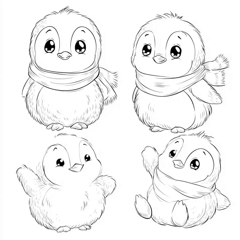 Dibujo de cuatro pingüinos bebé para colorear Dibujo de cuatro pingüinos bebé para colorear