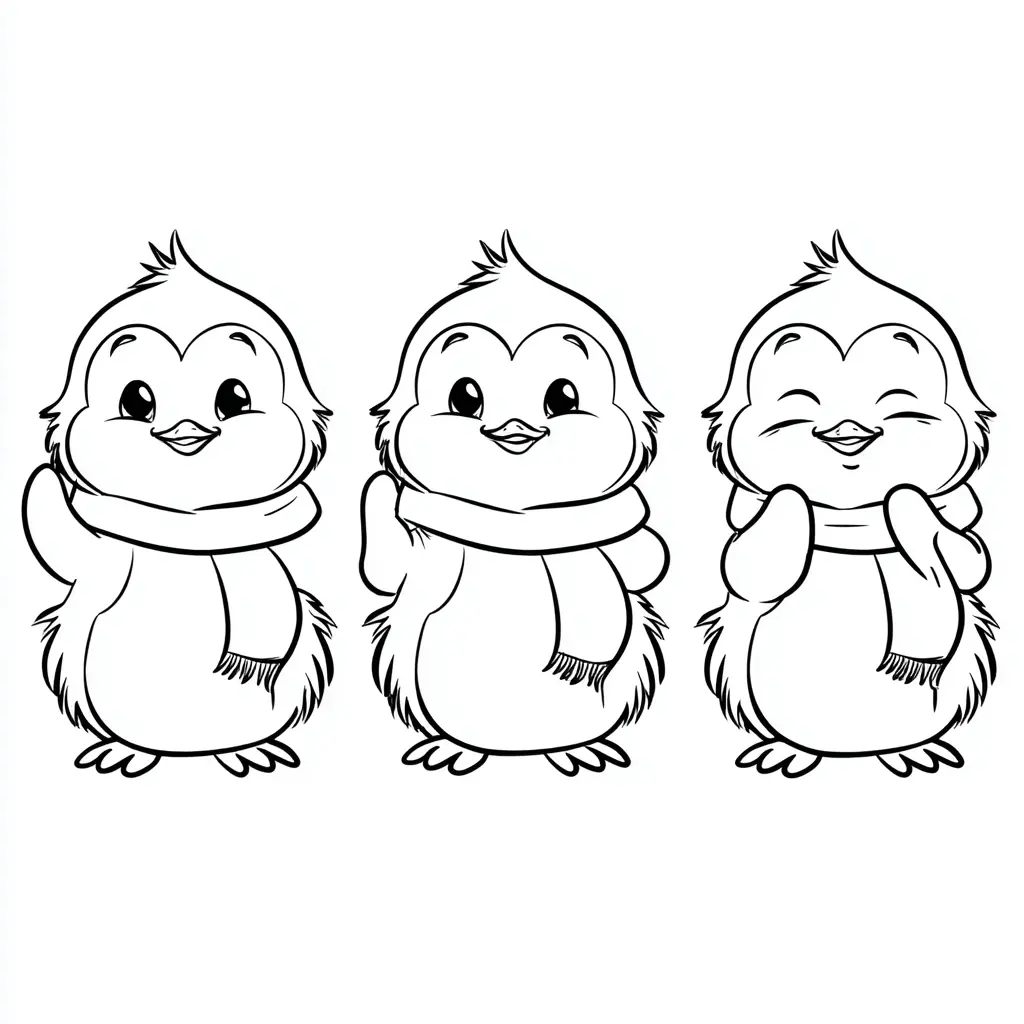Dibujo de tres simpáticos pingüinos para colorear Dibujo de tres simpáticos pingüinos para colorear