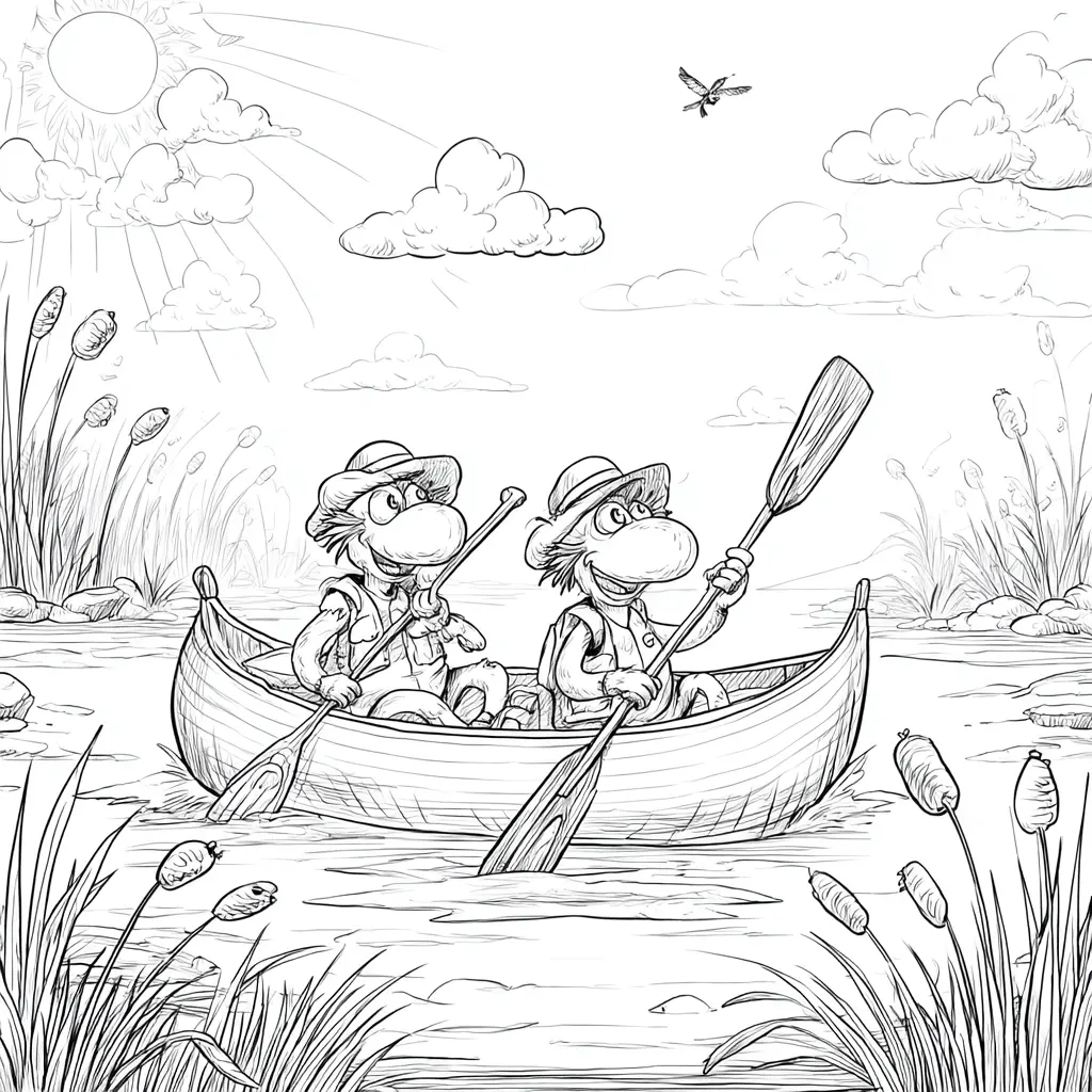 Dibujo de escena de cuentos en canoa para colorear Dibujo de escena de cuentos en canoa para colorear
