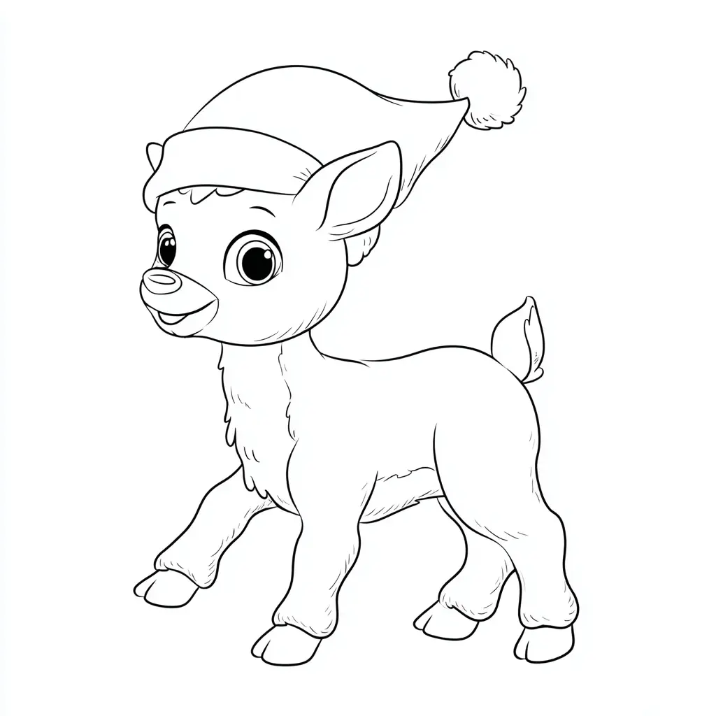 Dibujo de pequeño reno con gorro navideño para colorear