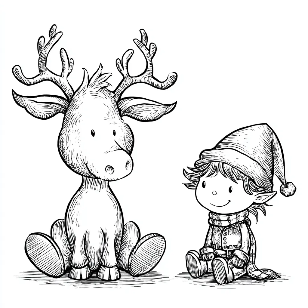 Dibujo de el duende y el reno sentados para colorear