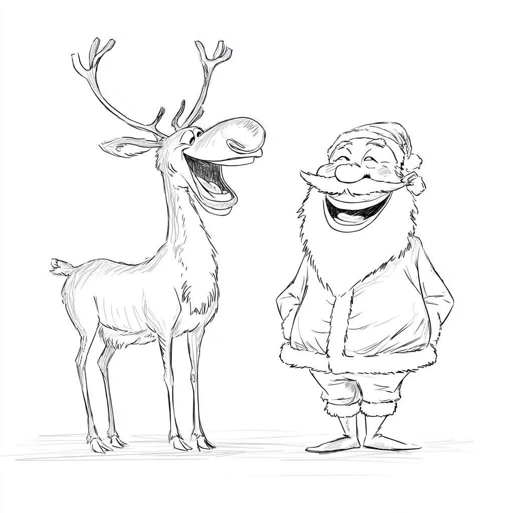 Dibujo de el reno y Santa Claus cómicos para colorear