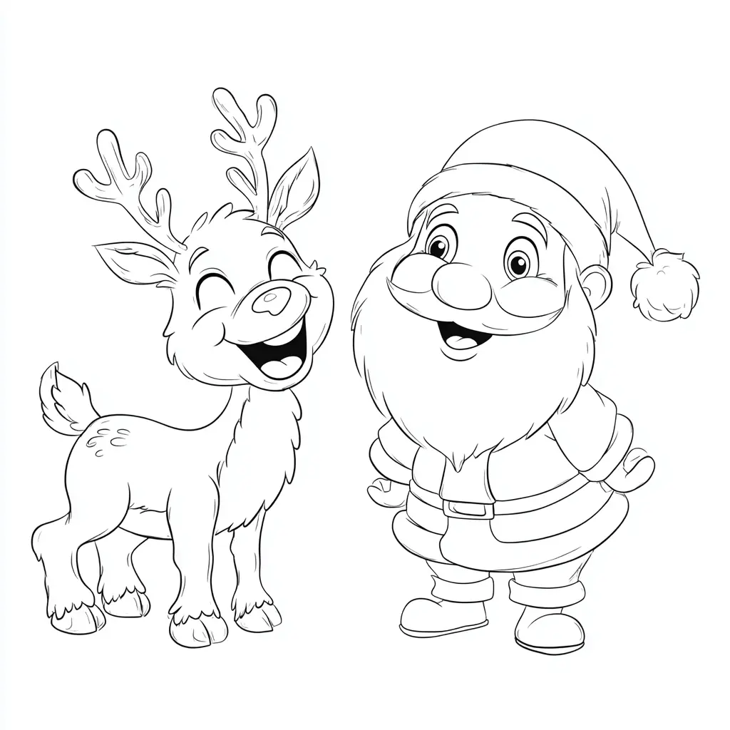 Dibujo de Papá Noel y su reno feliz para colorear