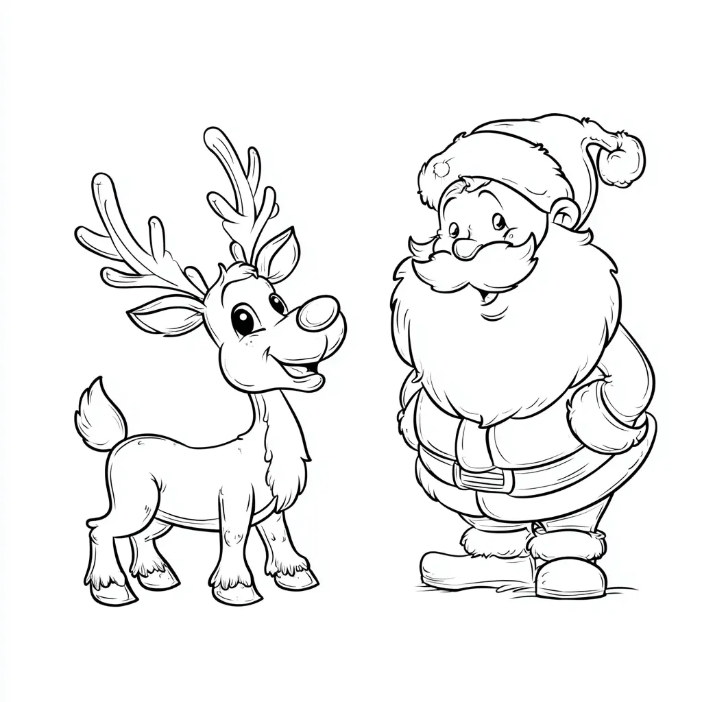 Dibujo de Santa Claus y su reno sonriente para colorear