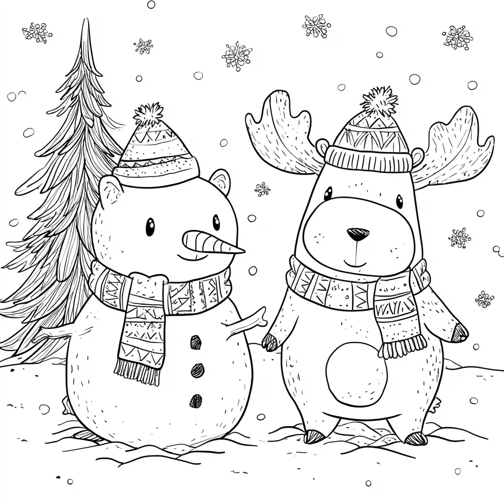 Dibujo de reno y oso navideños para colorear
