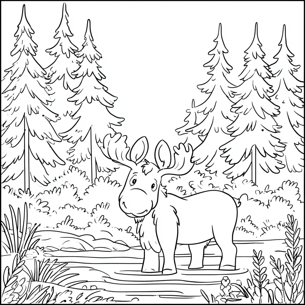 Dibujo de un alce entre abetos para colorear