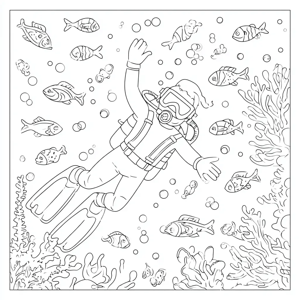 Dibujo de submarinismo entre peces para colorear Dibujo de submarinismo entre peces para colorear