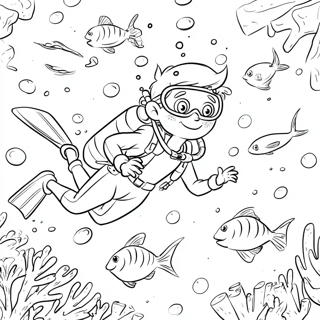 Dibujo de submarinista con peces para colorear Dibujo de submarinista con peces para colorear