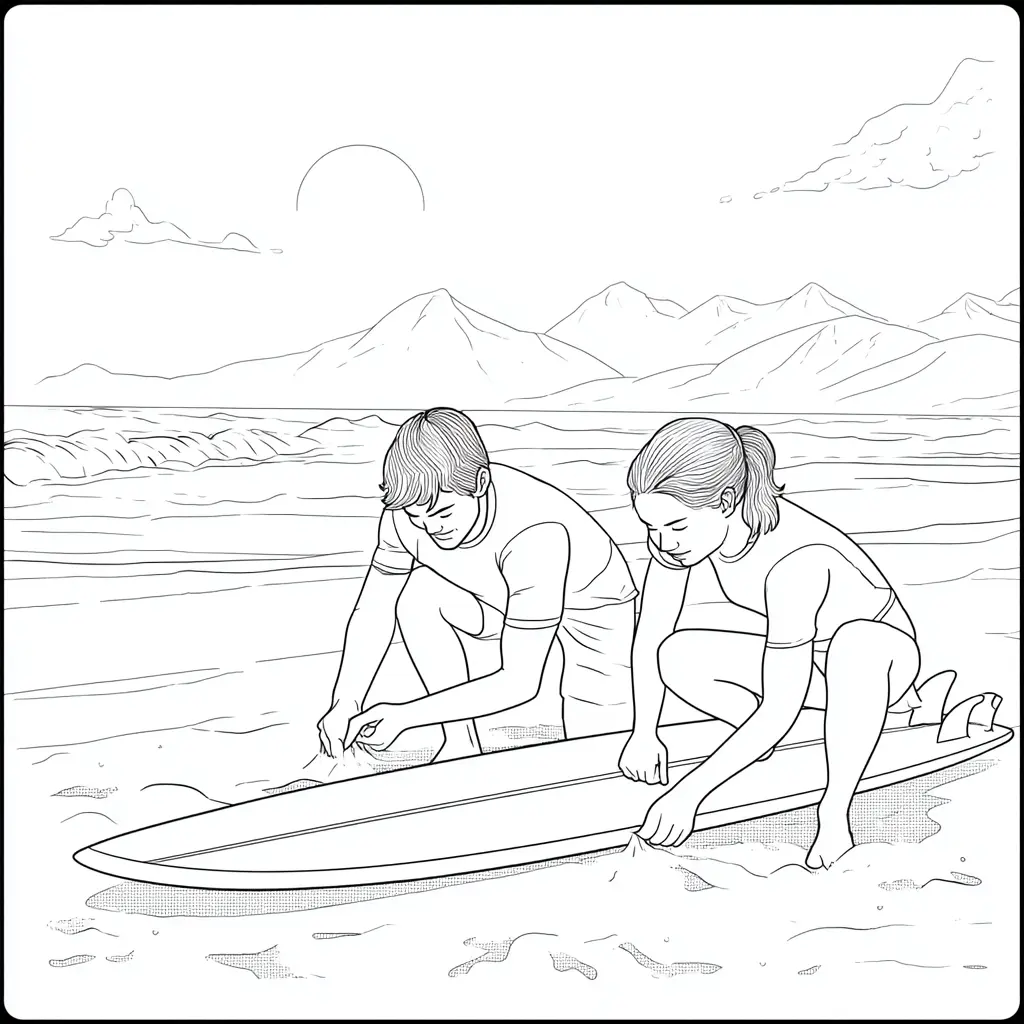Dibujo de amigos con la tabla de surf para colorear Dibujo de amigos con la tabla de surf para colorear