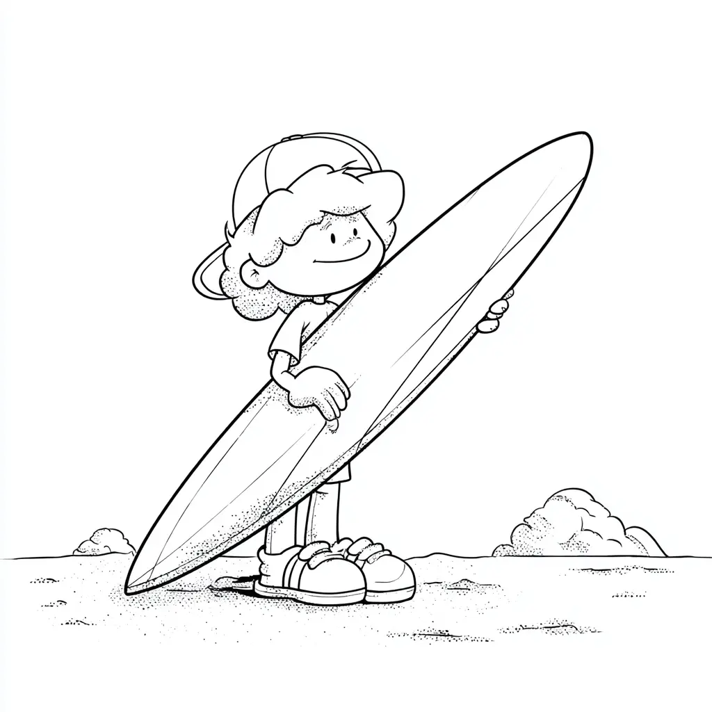 Dibujo de un niño y su tabla de surf para colorear Dibujo de un niño y su tabla de surf para colorear