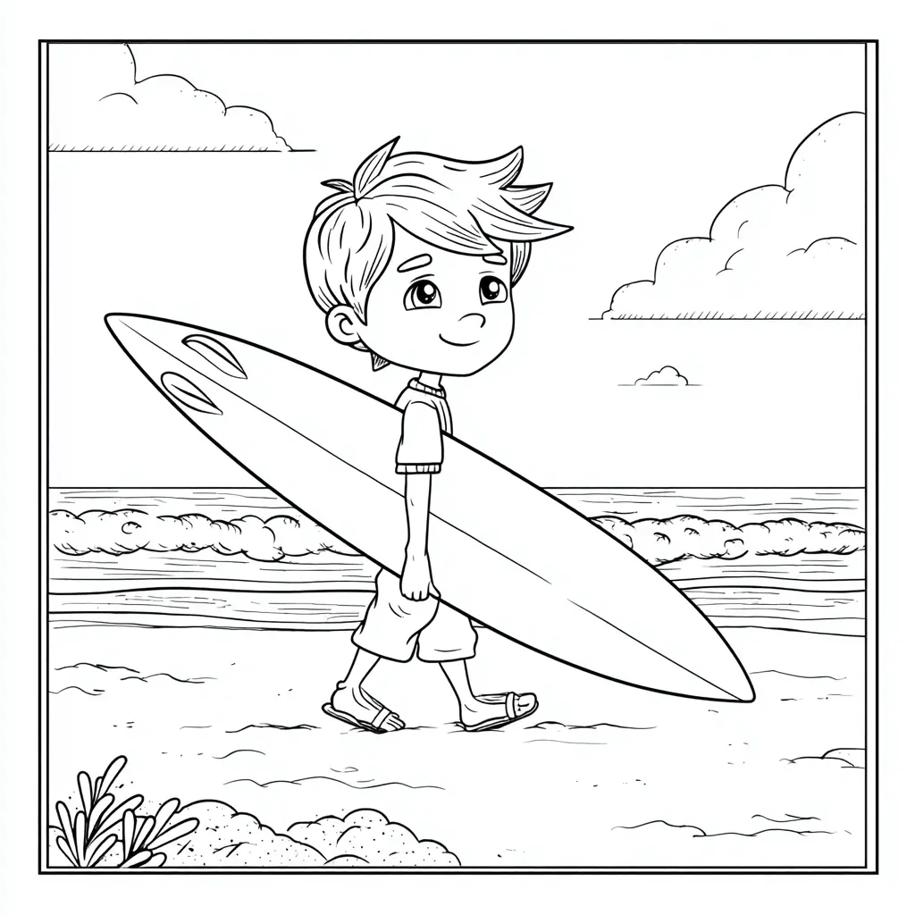 Dibujo de joven con tabla de surf para colorear Dibujo de joven con tabla de surf para colorear